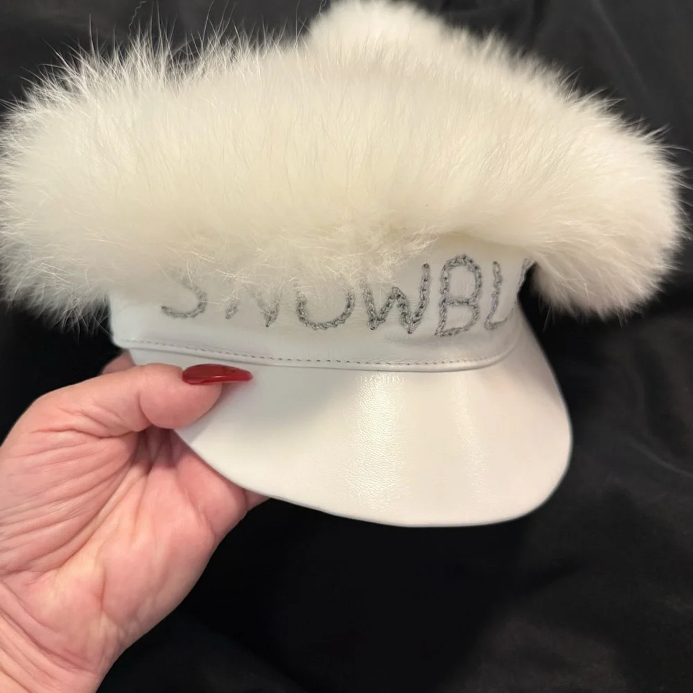 Vintage Real Fur &‎ Leather Snow Bunny Visor Hat Pom Poms White Ski Glam